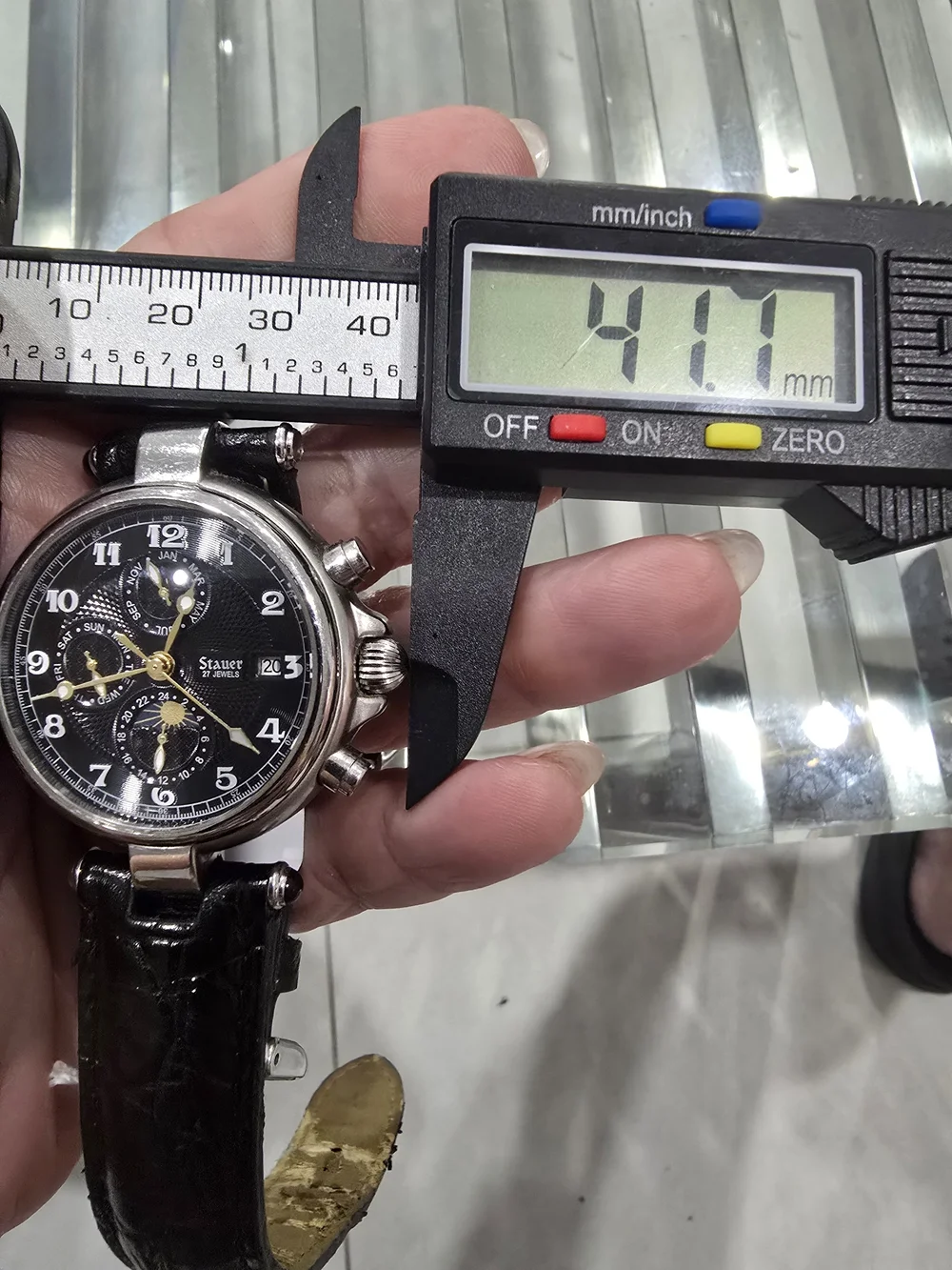 Men's Black Dial Chronograph Watch with Black Leather Strap
